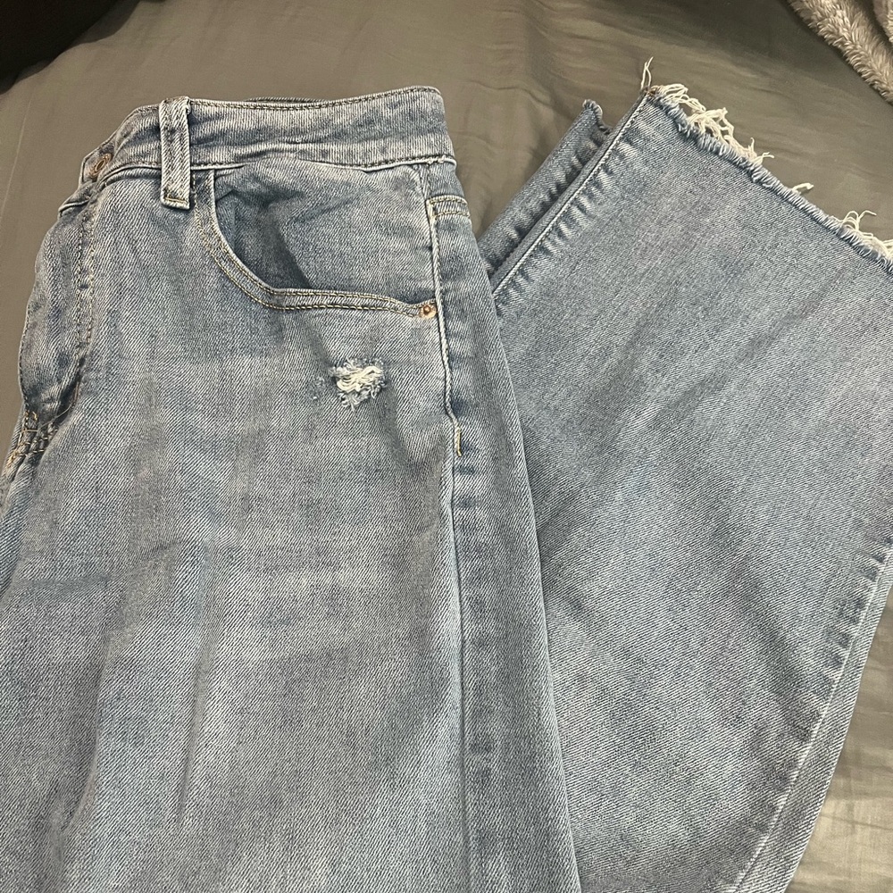 Blue Flare Wide Leg Jeans with Distressed Details